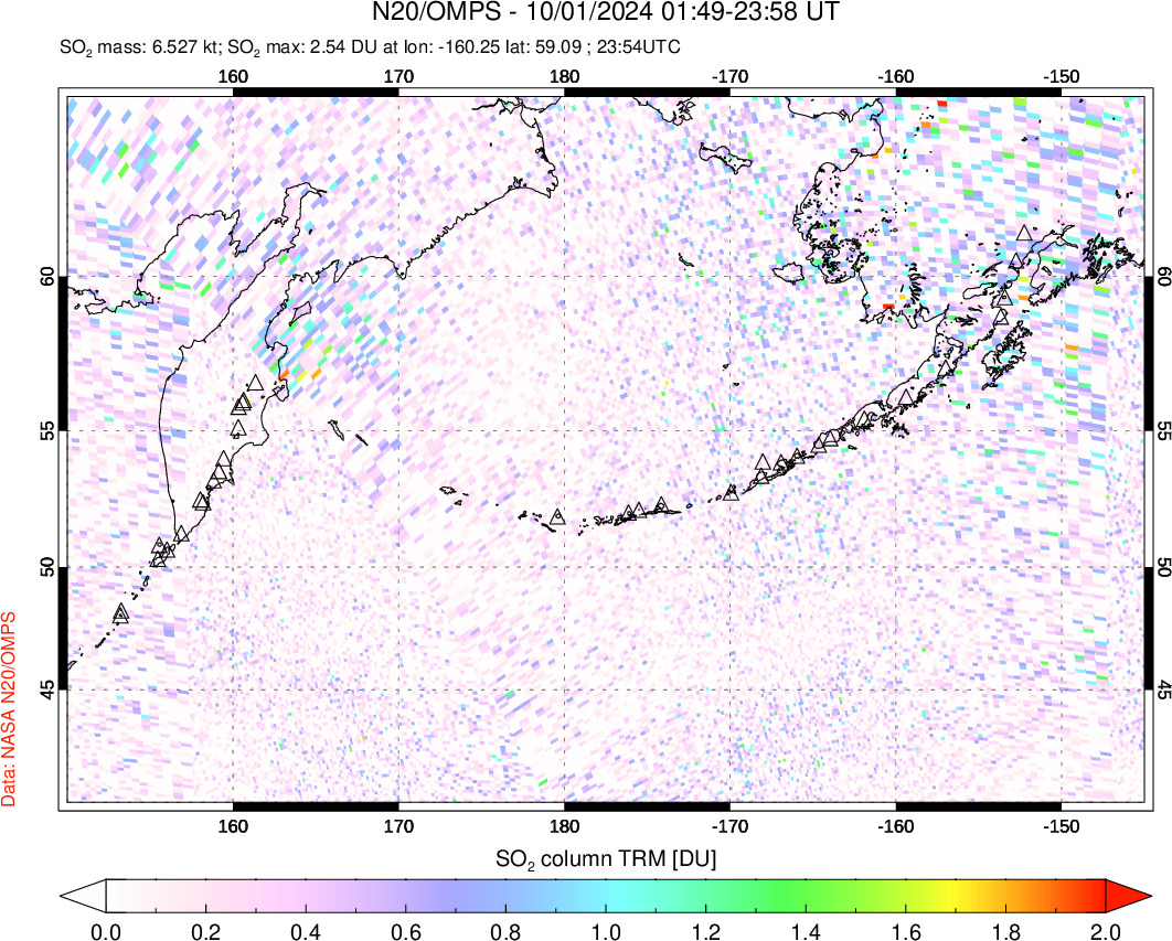 A sulfur dioxide image over North Pacific on Oct 01, 2024.