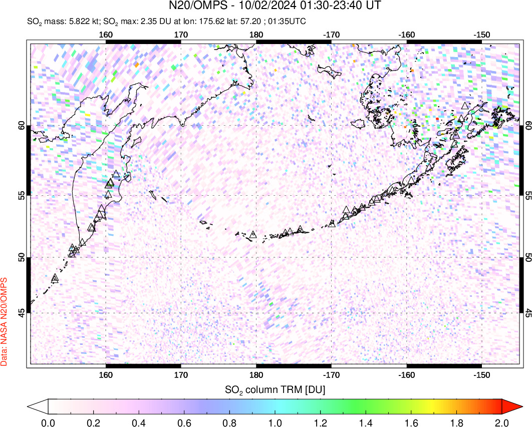 A sulfur dioxide image over North Pacific on Oct 02, 2024.