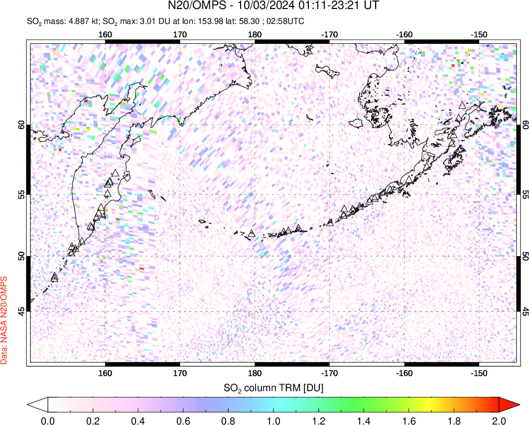 A sulfur dioxide image over North Pacific on Oct 03, 2024.