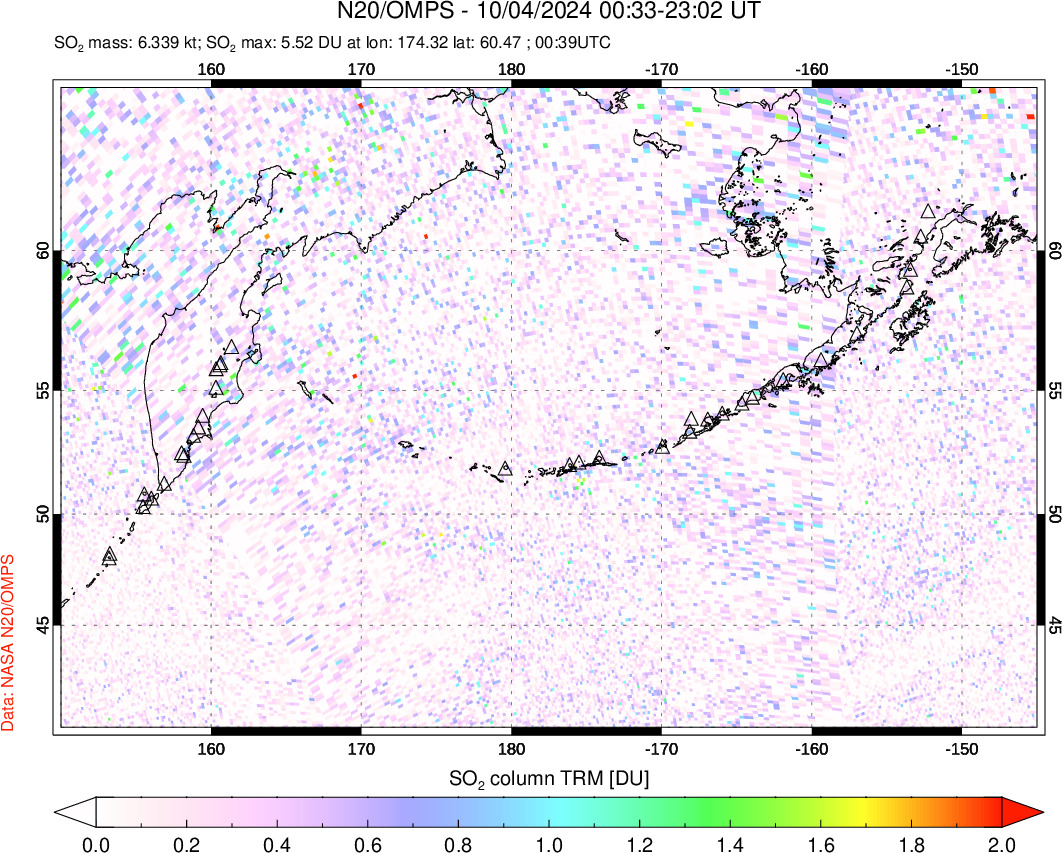 A sulfur dioxide image over North Pacific on Oct 04, 2024.