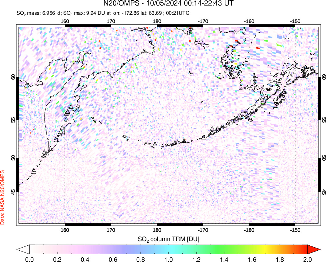 A sulfur dioxide image over North Pacific on Oct 05, 2024.