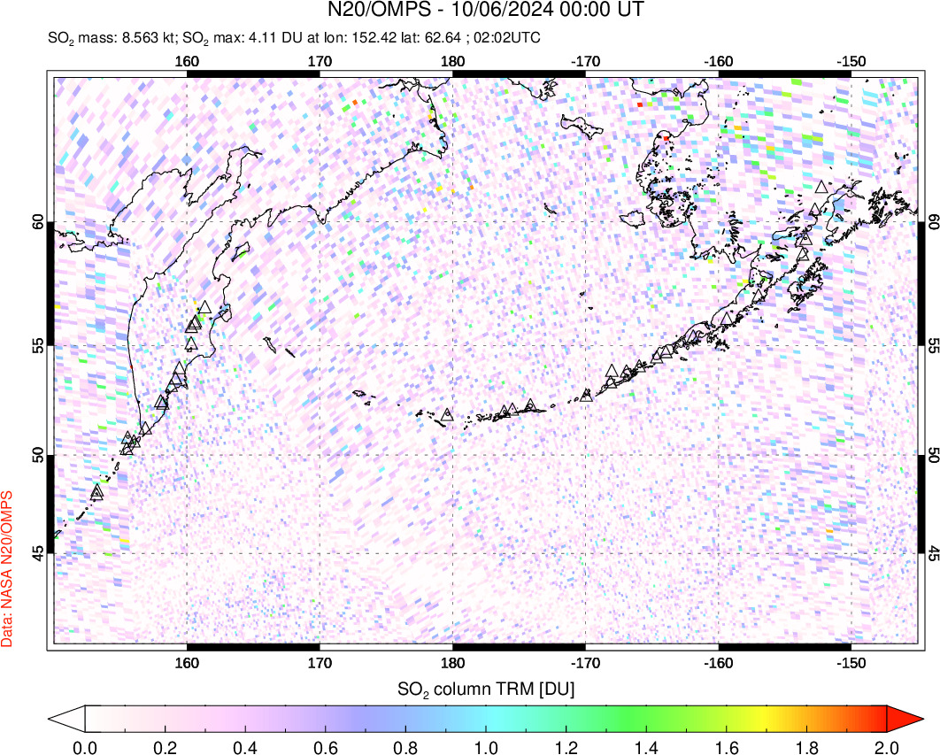 A sulfur dioxide image over North Pacific on Oct 06, 2024.