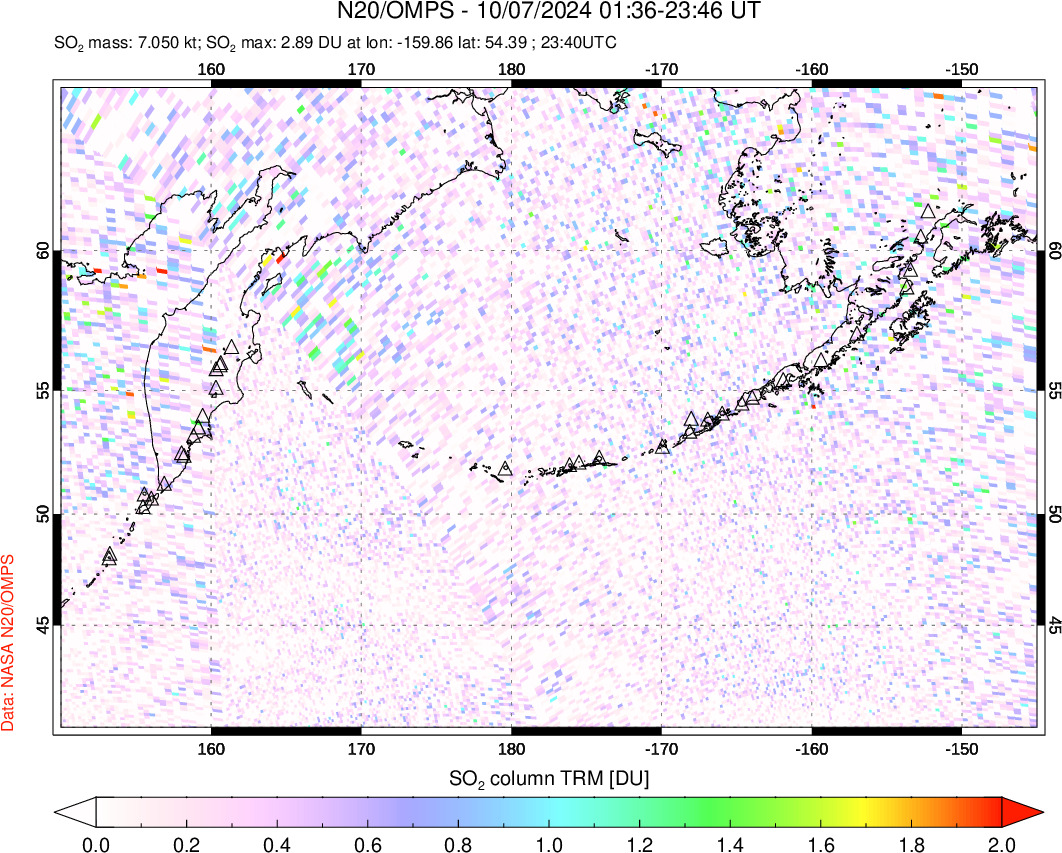 A sulfur dioxide image over North Pacific on Oct 07, 2024.