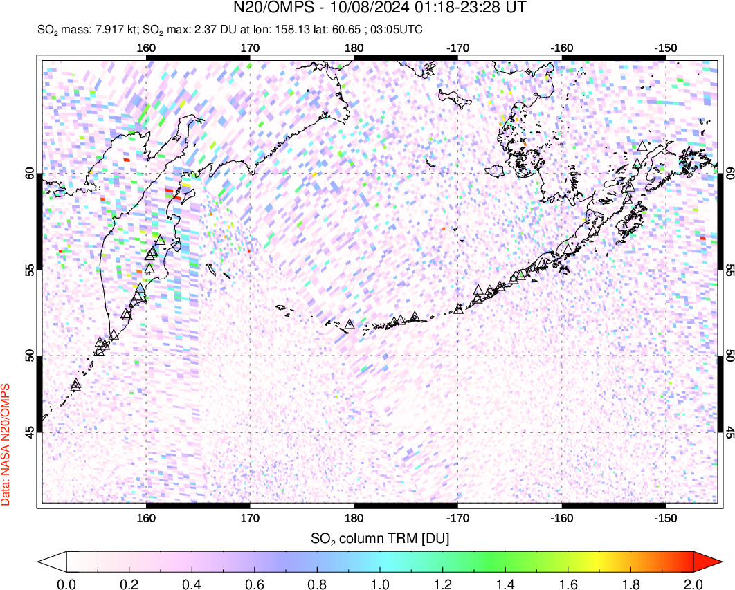 A sulfur dioxide image over North Pacific on Oct 08, 2024.