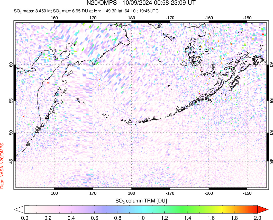 A sulfur dioxide image over North Pacific on Oct 09, 2024.