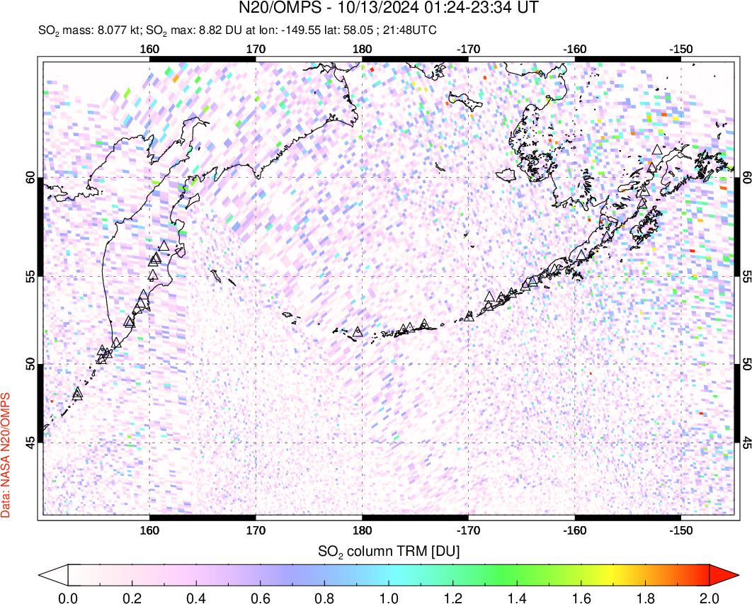 A sulfur dioxide image over North Pacific on Oct 13, 2024.