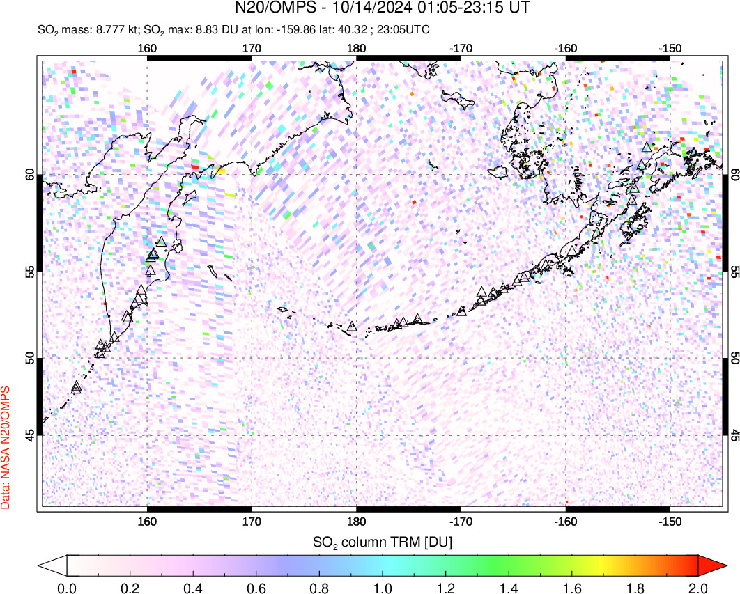 A sulfur dioxide image over North Pacific on Oct 14, 2024.