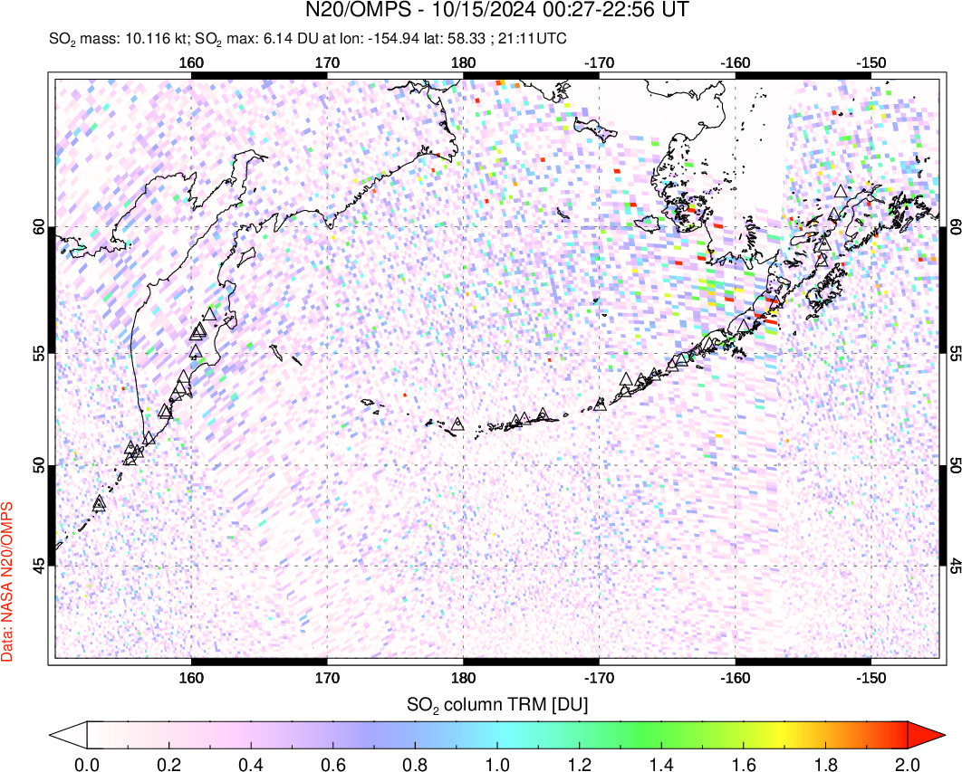 A sulfur dioxide image over North Pacific on Oct 15, 2024.