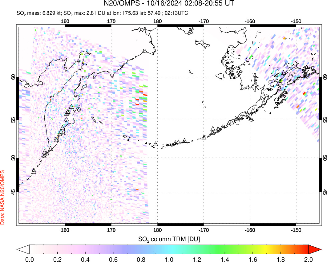 A sulfur dioxide image over North Pacific on Oct 16, 2024.