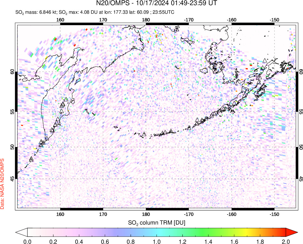 A sulfur dioxide image over North Pacific on Oct 17, 2024.