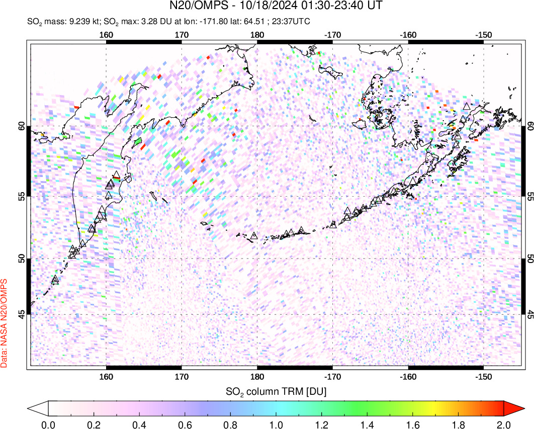 A sulfur dioxide image over North Pacific on Oct 18, 2024.