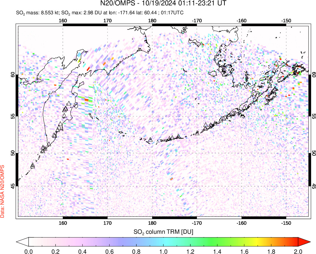 A sulfur dioxide image over North Pacific on Oct 19, 2024.