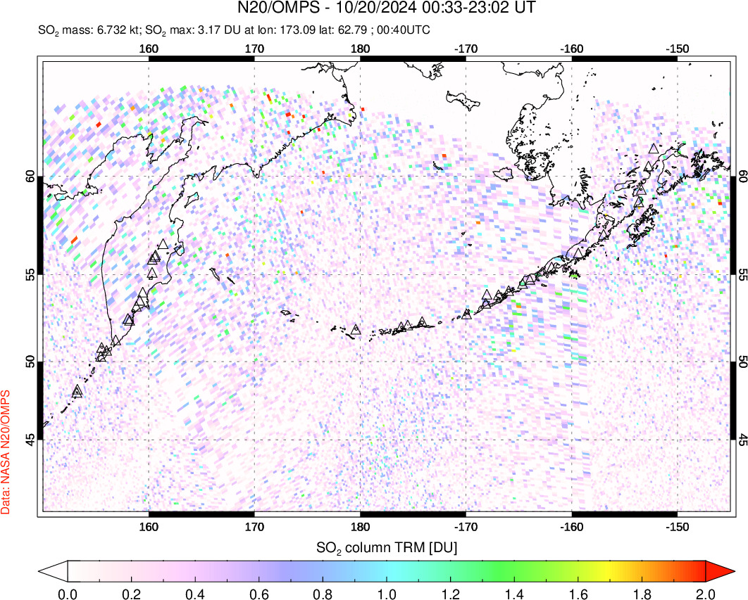 A sulfur dioxide image over North Pacific on Oct 20, 2024.