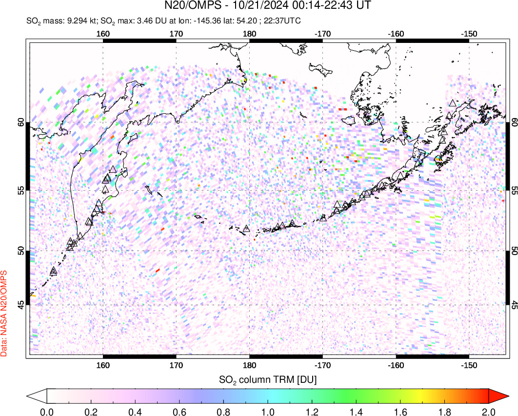 A sulfur dioxide image over North Pacific on Oct 21, 2024.