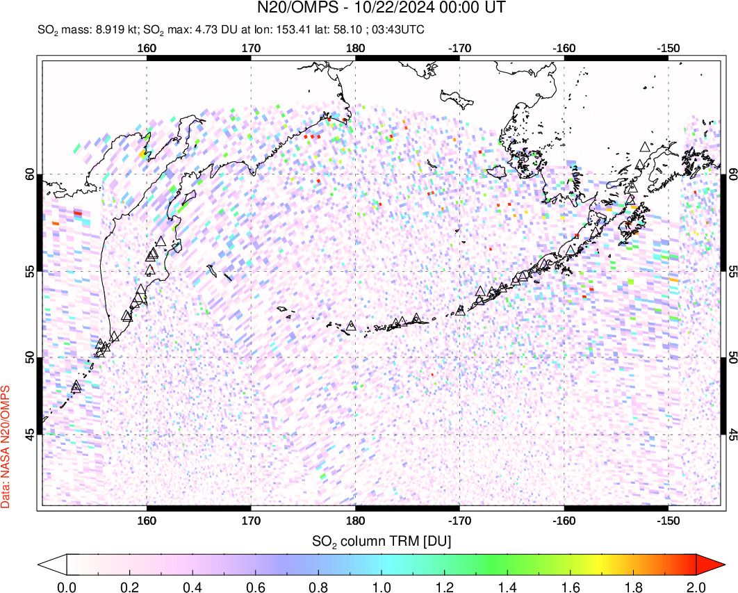 A sulfur dioxide image over North Pacific on Oct 22, 2024.