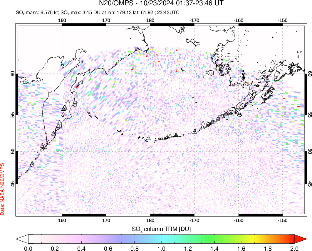 A sulfur dioxide image over North Pacific on Oct 23, 2024.