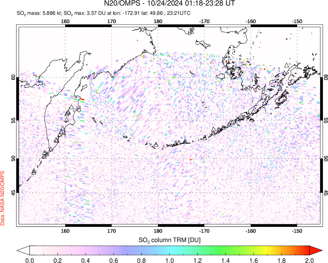 A sulfur dioxide image over North Pacific on Oct 24, 2024.