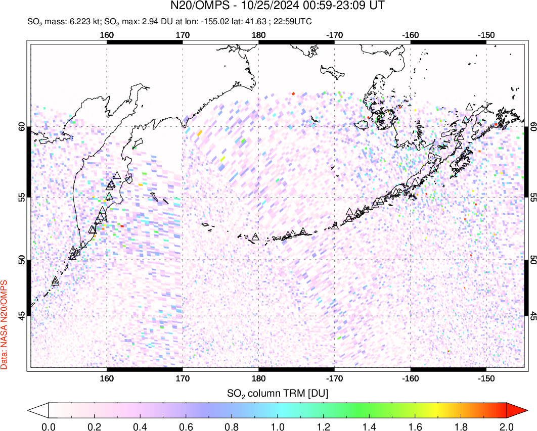 A sulfur dioxide image over North Pacific on Oct 25, 2024.