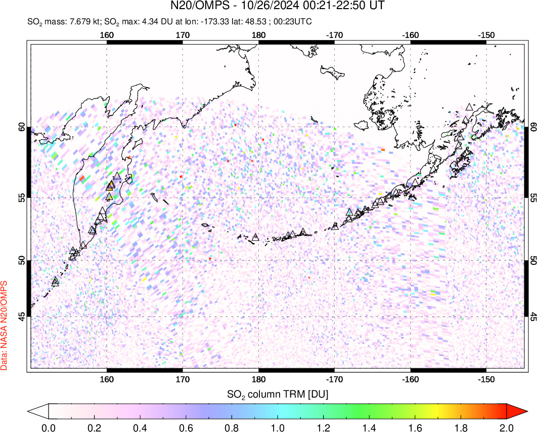 A sulfur dioxide image over North Pacific on Oct 26, 2024.