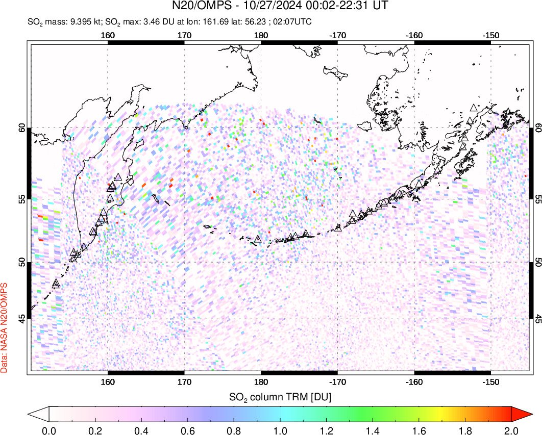 A sulfur dioxide image over North Pacific on Oct 27, 2024.