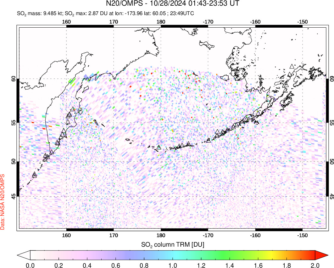 A sulfur dioxide image over North Pacific on Oct 28, 2024.