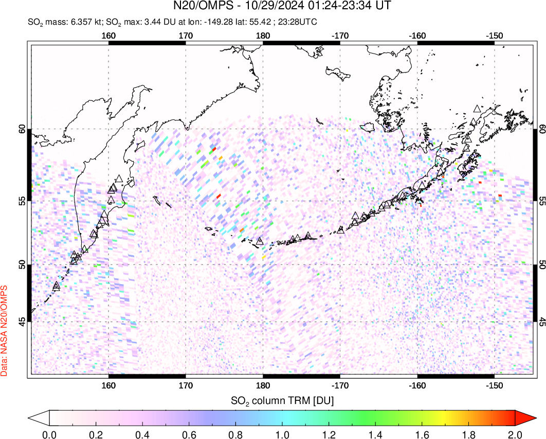 A sulfur dioxide image over North Pacific on Oct 29, 2024.