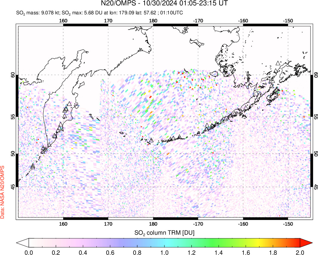 A sulfur dioxide image over North Pacific on Oct 30, 2024.