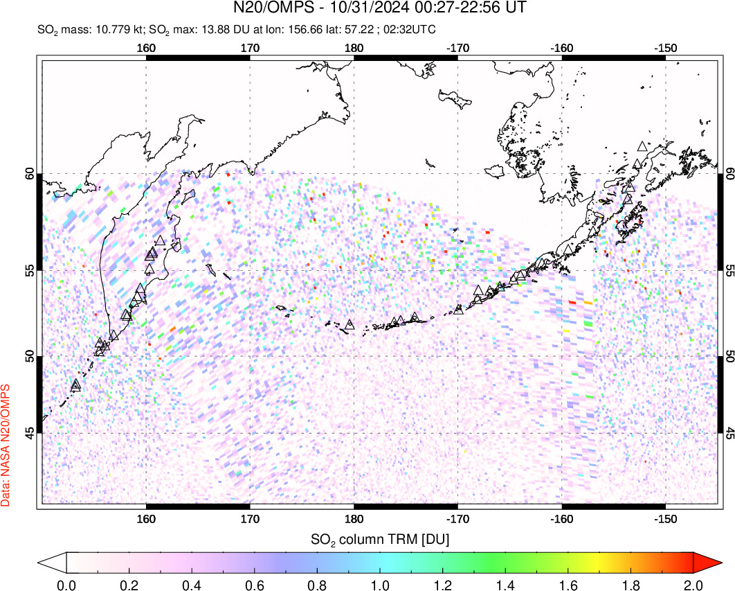 A sulfur dioxide image over North Pacific on Oct 31, 2024.