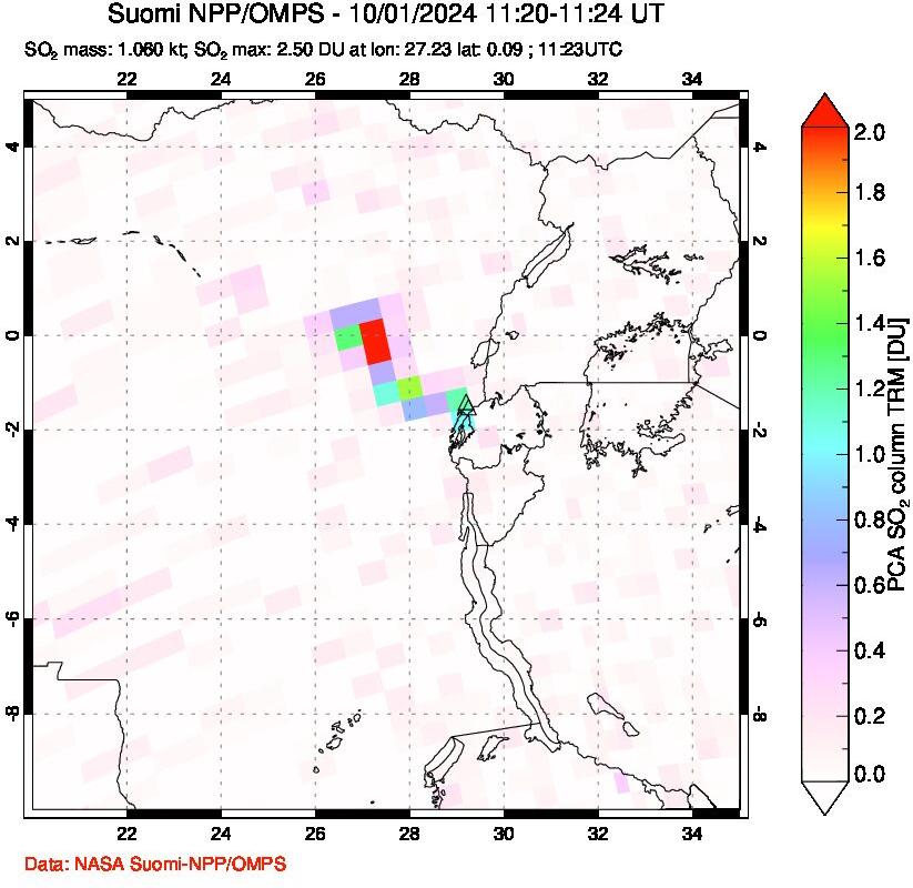 A sulfur dioxide image over Nyiragongo, DR Congo on Oct 01, 2024.