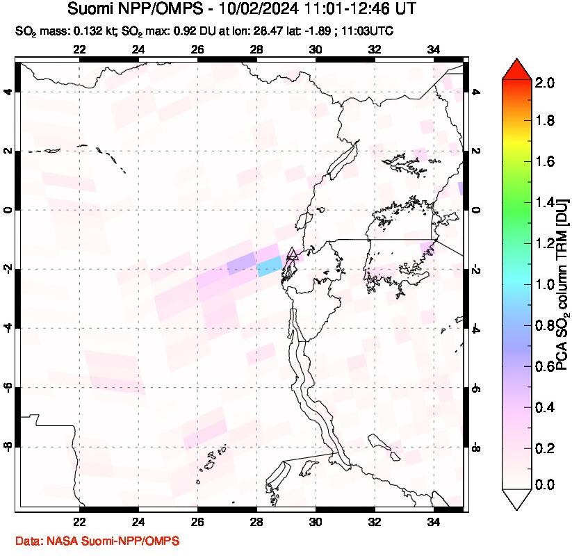 A sulfur dioxide image over Nyiragongo, DR Congo on Oct 02, 2024.