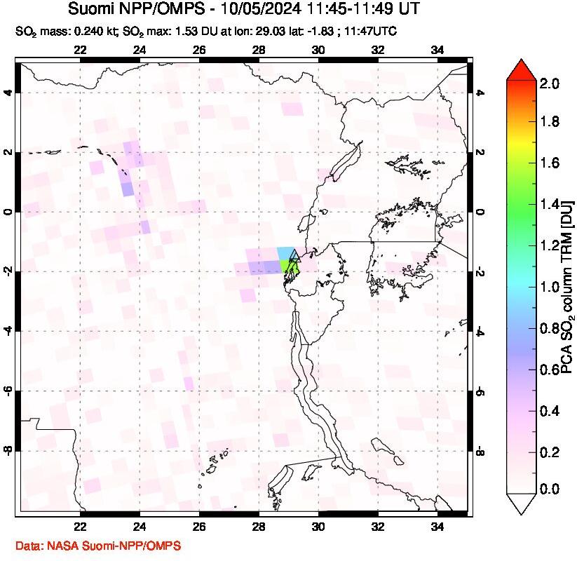 A sulfur dioxide image over Nyiragongo, DR Congo on Oct 05, 2024.