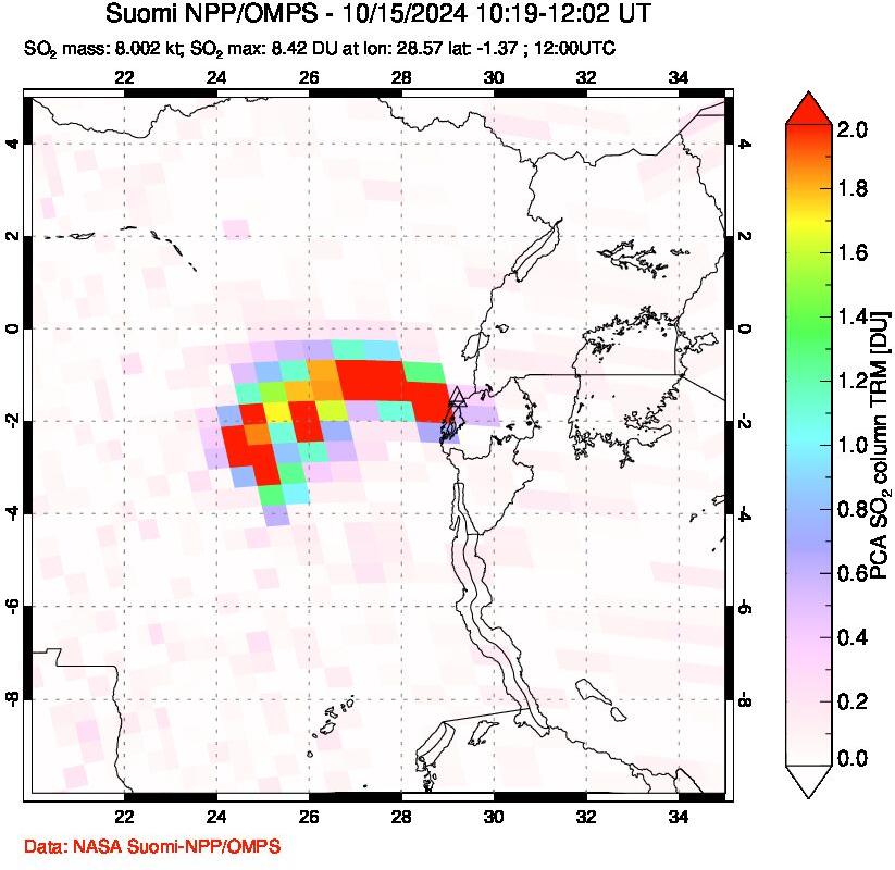 A sulfur dioxide image over Nyiragongo, DR Congo on Oct 15, 2024.