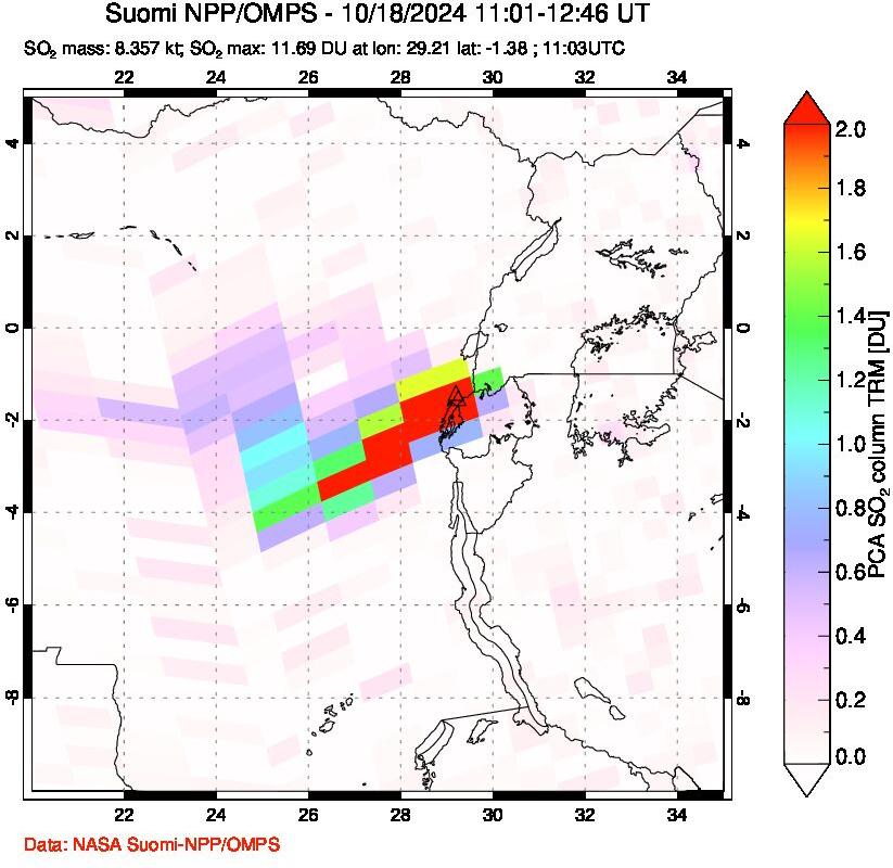 A sulfur dioxide image over Nyiragongo, DR Congo on Oct 18, 2024.