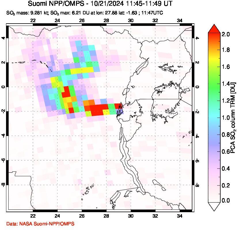 A sulfur dioxide image over Nyiragongo, DR Congo on Oct 21, 2024.