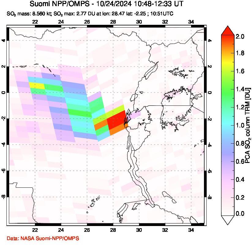 A sulfur dioxide image over Nyiragongo, DR Congo on Oct 24, 2024.