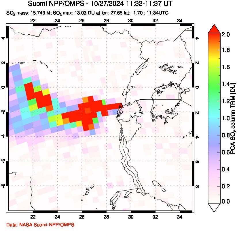 A sulfur dioxide image over Nyiragongo, DR Congo on Oct 27, 2024.