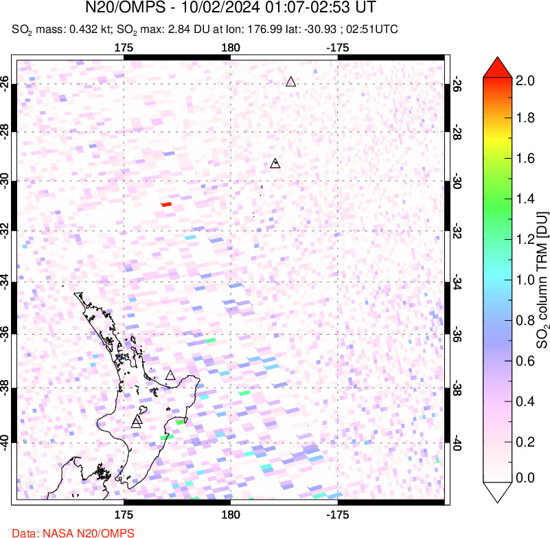 A sulfur dioxide image over New Zealand on Oct 02, 2024.