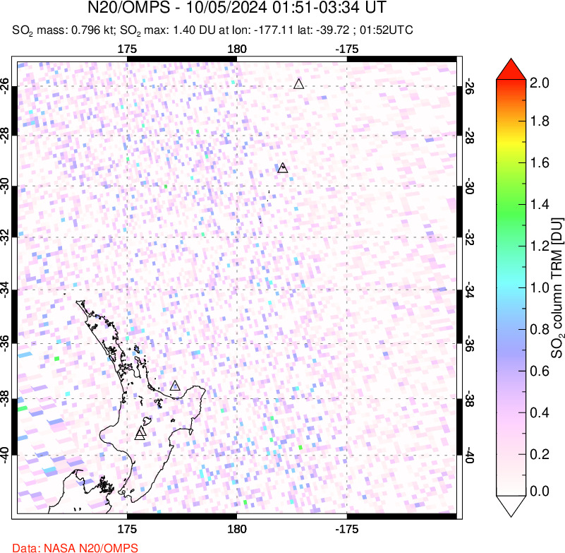 A sulfur dioxide image over New Zealand on Oct 05, 2024.