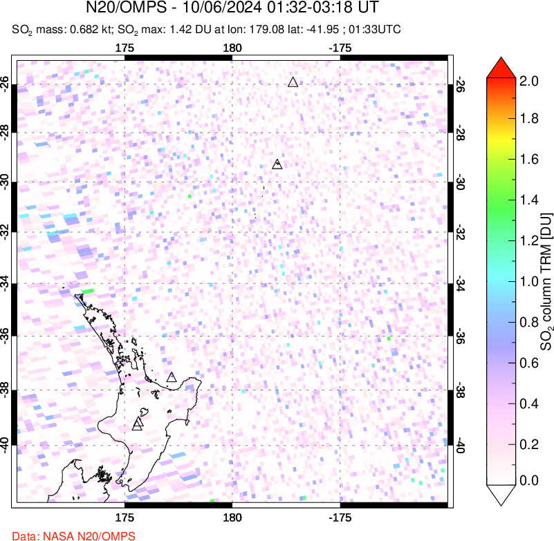 A sulfur dioxide image over New Zealand on Oct 06, 2024.
