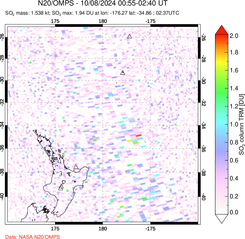 A sulfur dioxide image over New Zealand on Oct 08, 2024.