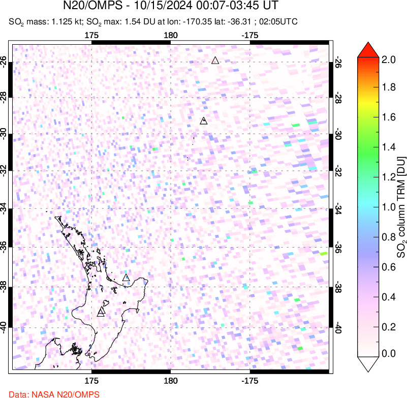 A sulfur dioxide image over New Zealand on Oct 15, 2024.