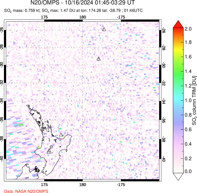 A sulfur dioxide image over New Zealand on Oct 16, 2024.