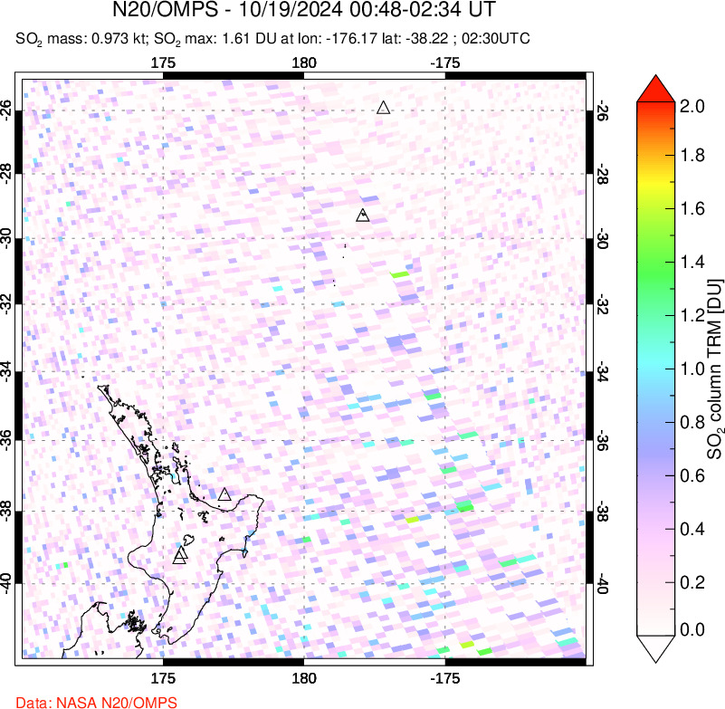 A sulfur dioxide image over New Zealand on Oct 19, 2024.