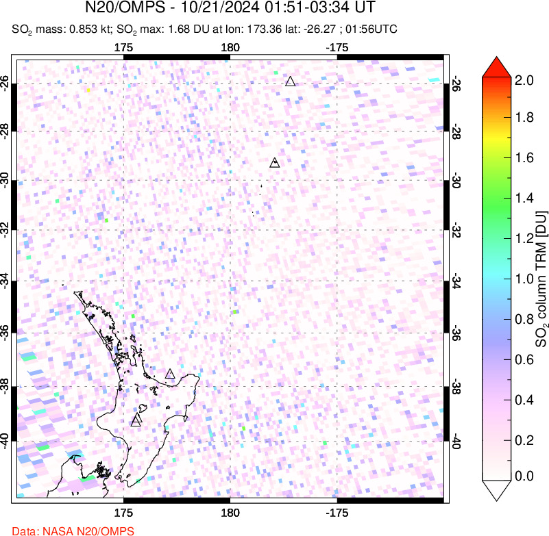 A sulfur dioxide image over New Zealand on Oct 21, 2024.