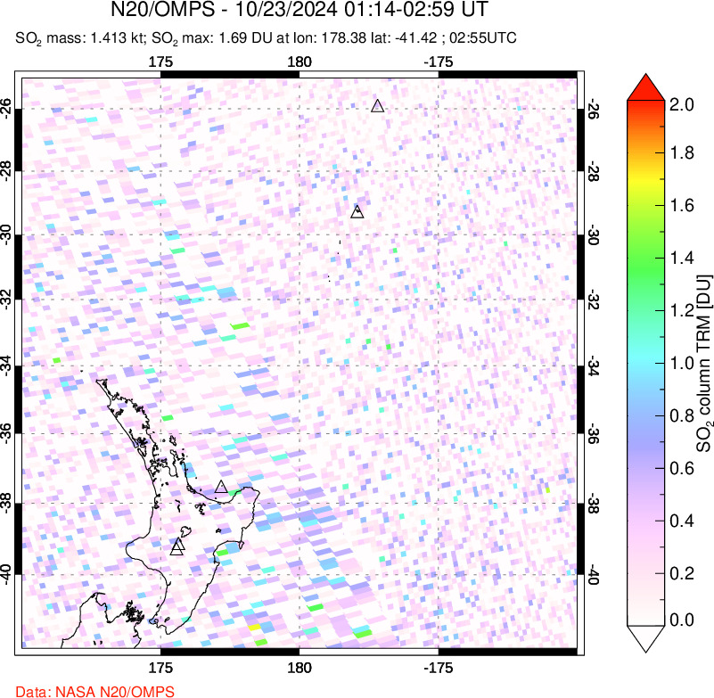 A sulfur dioxide image over New Zealand on Oct 23, 2024.