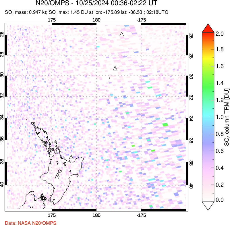 A sulfur dioxide image over New Zealand on Oct 25, 2024.