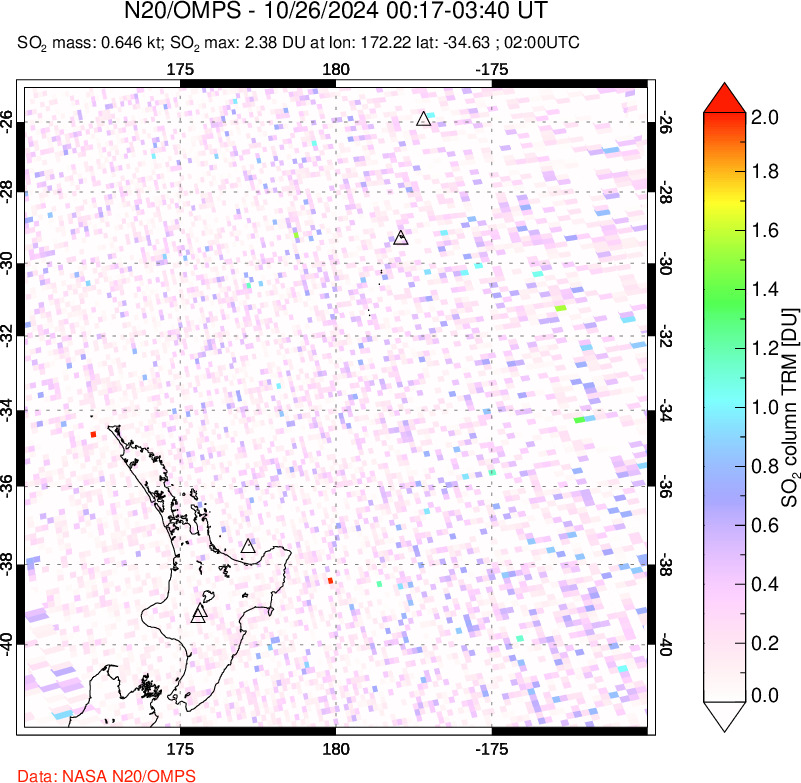A sulfur dioxide image over New Zealand on Oct 26, 2024.