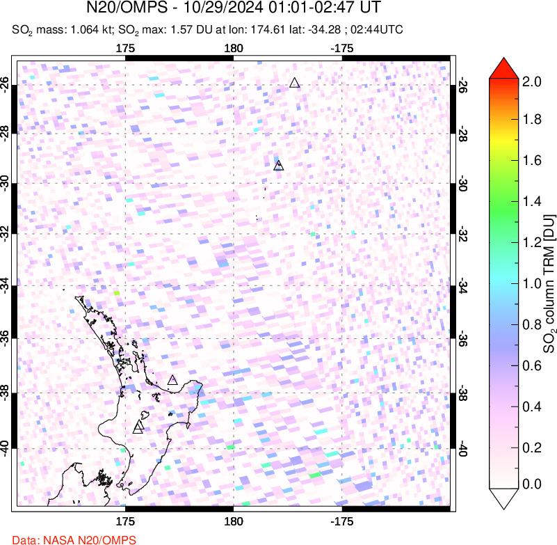 A sulfur dioxide image over New Zealand on Oct 29, 2024.