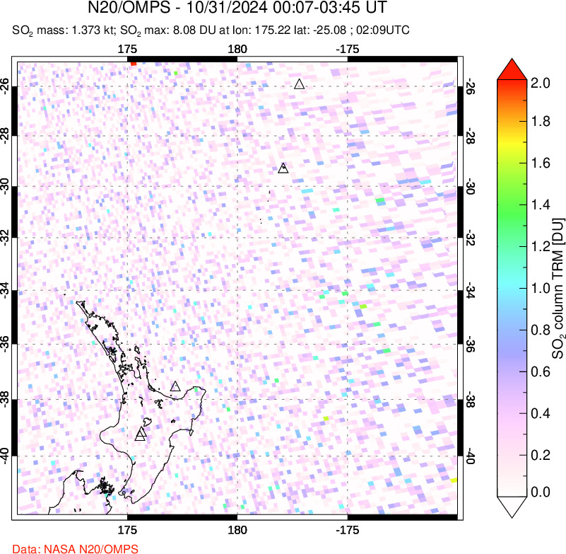 A sulfur dioxide image over New Zealand on Oct 31, 2024.