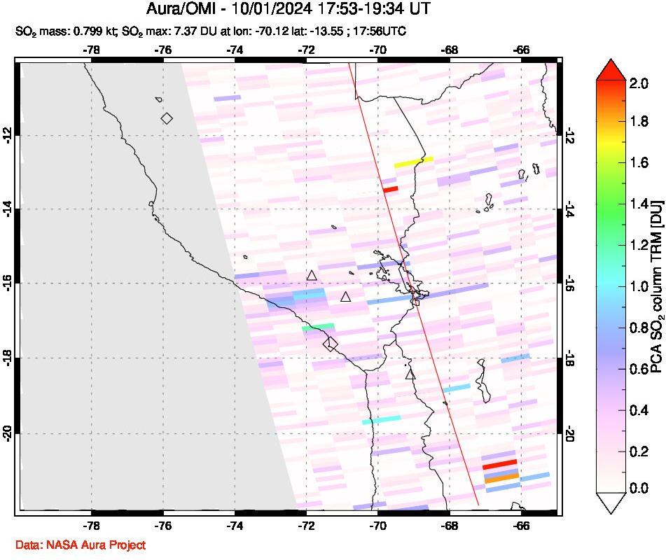 A sulfur dioxide image over Peru on Oct 01, 2024.